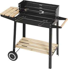 Trolley Charcoal Rectangular Steel BBQ Barbecue Grill Outdoor Patio Garden W/Wheels Wooden Shelves