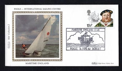 1982 Great Britain Benham Silke Cover showing Poole International Sailing centre tying 15 1/2p Henry VIII and Mary Rose commemorative stamp