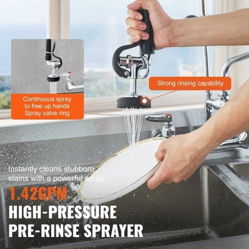 Faucet with Pre-Rinse Sprayer, 36" (91.4 cm) Height, 8" (20.3 cm) Center, 12" (30.5 cm) Swing Spout, Wall Mount Kitchen Sink Faucet, Brass Constructed Device with Pull Down Spray, for 1/2/3 Compartment Sink