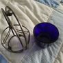 BOWL - Vintage Blue Glass - Metal Basket Image 6