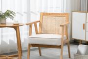 Comfortable Lounge Chair Rattan Chair with Thick Cushion - Rattan Backrest - Deep Seat - Hevea Wood Frame Linen-Look Beige
