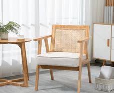 Comfortable Lounge Chair Rattan Chair with Thick Cushion - Rattan Backrest - Deep Seat - Hevea Wood Frame Linen-Look Beige