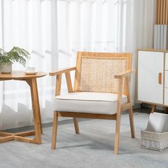 Comfortable Lounge Chair Rattan Chair with Thick Cushion - Rattan Backrest - Deep Seat - Hevea Wood Frame Linen-Look Beige