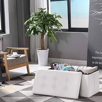 NEW SALE | Folding Ottoman Bench Storage Box with Lid, Large Storage Seat Faux Leather Footstool Toy Storage Box, Brown, 76 x 38 x 38 cm