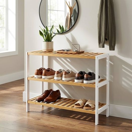3 Tier Natural Bamboo Shoe Rack Easy Assembly & Strong Design Stand Shelf Organiser Ideal for Corridor,Bedroom,Bathroom,Hallway & Small Spaces Large Capacity Up to 9 Pairs of Shoes(55x70x25cm)