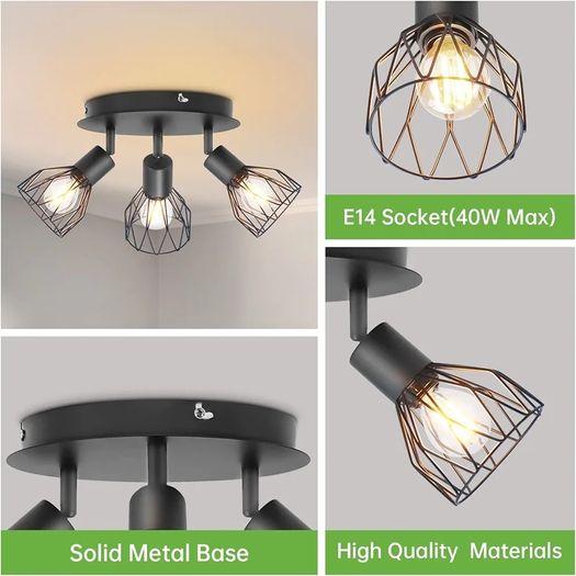 3 Way Ceiling Spotlight Rotatable - Spot Light Ceiling Black Ceiling Lights Industrial E14 - Spot Light Fittings Wire Cage Wall Spotlight Bar for Kitchen Living Room Bedroom No Bulb