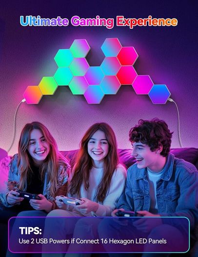 Hexagon LED Lights,8 Pack RGB Gaming Hex Wall Light Panels Sync to Music,Smart Lights with APP & Remote & Wired Control for Room Bar Bedroom Home Gaming Room Decor Present