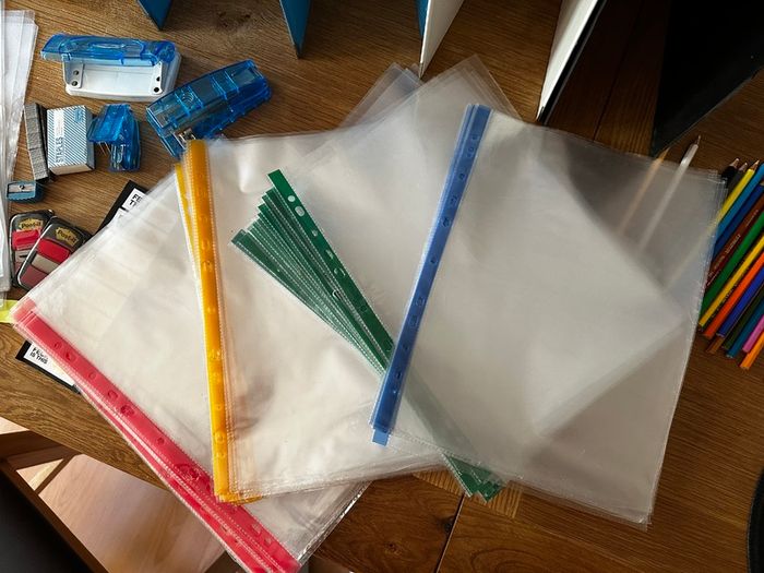 Lot stationery office school supplies - lever arch folders, plastic pockets, coloured pencils, stapler