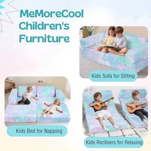 10-Piece Kids Play Sofa, Modular Toddler Chair Couch for Playroom, Fold Out Play Set for Girl Boy, Convertible Sectional Foam Playset, Colorful Star