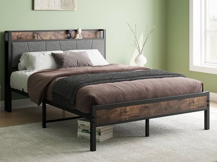 Double Bed Frames with Storage Headboard,Heavy Duty Metal Upholstered Platform Bed Frame Double Bed,Mattress Foundation/Strong Steel Slat Support/Under Bed Storage/Easy Assembly