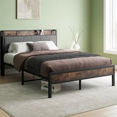 Double Bed Frames with Storage Headboard,Heavy Duty Metal Upholstered Platform Bed Frame Double Bed,Mattress Foundation/Strong Steel Slat Support/Under Bed Storage/Easy Assembly