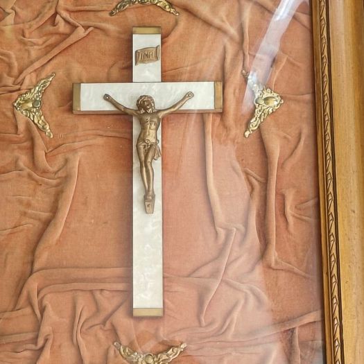 Vintage large convex framed crucifix, Jesus, religious devotional item