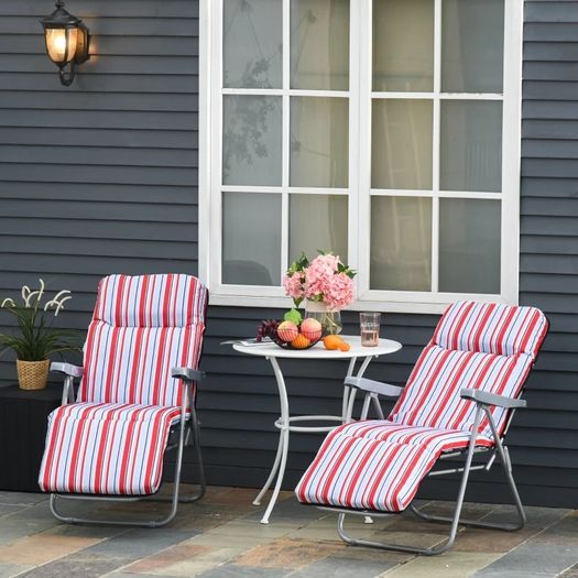 Set of 2 Garden Sun Lounger Outdoor Reclining Seat Cushioned Seat Foldable Adjustable Recliner Red and White