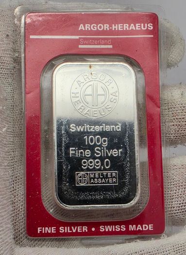 Switzerland Argor Heraeus SA 100 Grams Fine Silver 999.0  Swiss Made Silver Bar