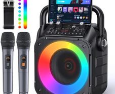 Karaoke Machine with Two Wireless Microphones, Portable Karaoke Machine Supports TF Card/USB, AUX in, FM, USB,TWS (Black)