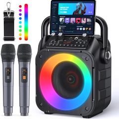 Karaoke Machine with Two Wireless Microphones, Portable Karaoke Machine Supports TF Card/USB, AUX in, FM, USB,TWS (Black)