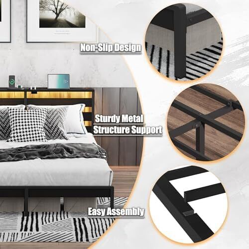Double Metal Bed Frame with USB Charging Station, LED Lights & Storage Headboard Heavy Duty Black Platform Bed with 31.5 cm Underbed Storage, No Box Spring Needed, Noise Free (Black, Double)
