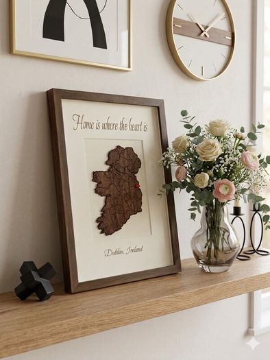 Home is Where the Heart Is Handcrafted Walnut Ireland Shadow Box Frame with Gift Box
