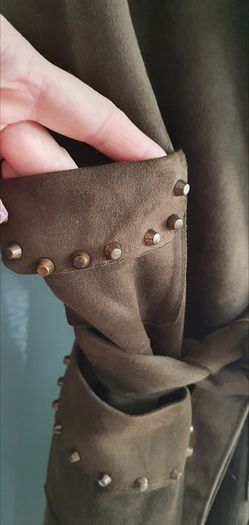 MADISON khaki midi length coat with stud detail open front with tie Sz L (12-16 UK) - Rrp 289 (New)