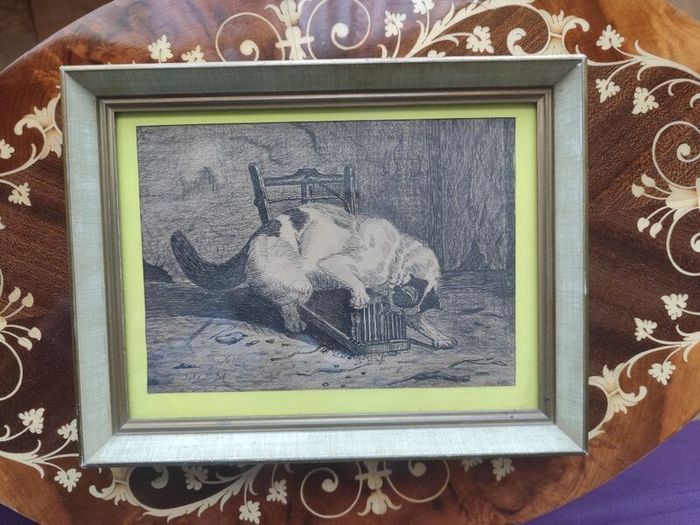 Antique Vintage Original Art Playful Kitty