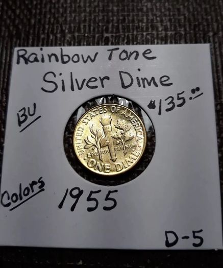 Rainbow Toned Gold Color Silver Coin 1955    Roosevelt  Dime  BU   D-5