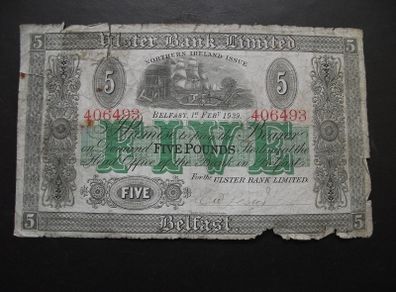 1939 Ulster Bank 5 Pounds, hand-signed 'Lester'