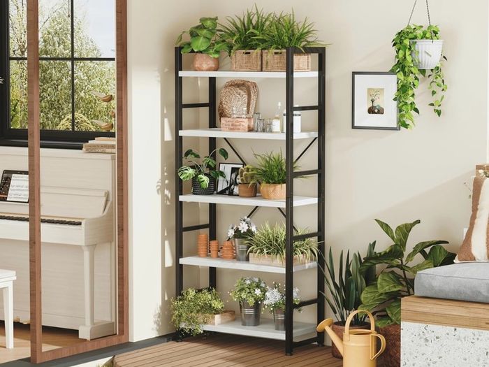 Industrial Bookshelf, 5-Tier 24.8" White Shelving Unit Wood Bookcase with Open Shelves, Rustic Standing Bookshelves Metal Frame Display Rack for Living Room,Bedroom, White