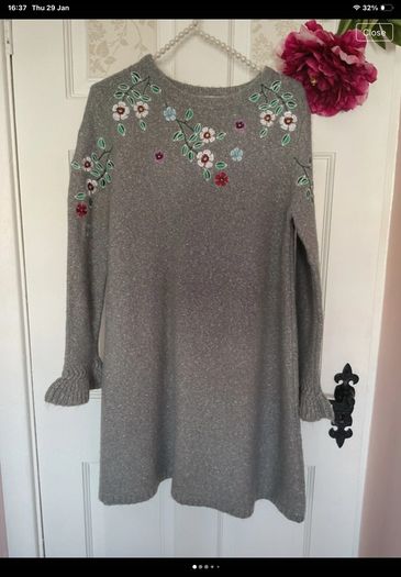 jumper dress Aline yumi jumper dress size small grey frilled cuff with embroidery small 10/12