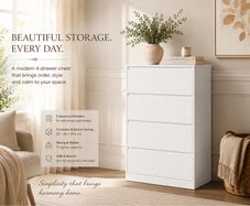 White 4 Drawer Chest of Drawers  Modern Handleless Storage Cabinet