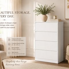 White 4 Drawer Chest of Drawers  Modern Handleless Storage Cabinet