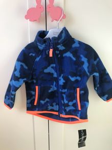 Brand new with tags blue and orange camouflage pattern fleece jacket with zip 6-9 months