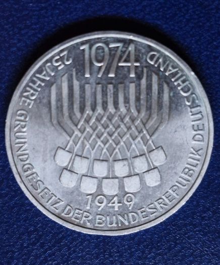 1974 F Germany 5 Mark Silver unc coin, 25th Anniversary of the federal Constitutional Law