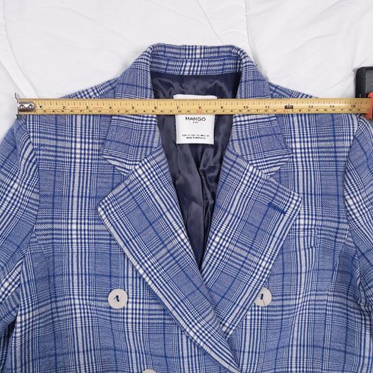 Mango Blue White Checked Plaid Double Breasted Blazer Coat Overcoat Size S