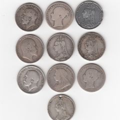 G.B. 10 x 92.5% Silver Coins, 10 x Shilling,1/-, ( no.G28)