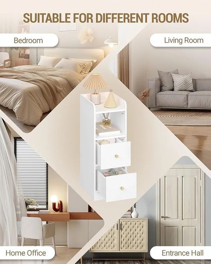 Slim Bedside Tables Set of 2, Narrow Side Table with 2 Drawers, Bedside Cabinet with Open Compartment, Adjustable Drawer Position for Bedroom, Living Room, 30 x 24 x 65 cm White