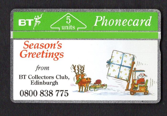 1991 United Kingdom 5 unit British Telecom  Christmas '91 Fork Lift Truck - BT Collectors Club (Landis & Gyr) Phone card