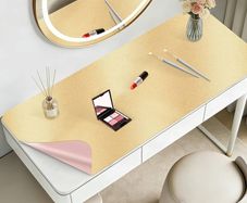 Dressing Table Mat 40x80cm, Leather Make Up Mat for Dressing Table, Dual-Sided and Easy to Clean Gold Desk Pad, Waterproof and Oilproof Vanity Accessories (Gold and Pink)