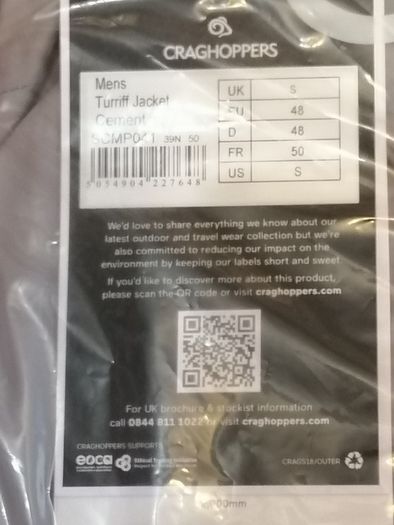 NEW WITH TAGS, Mens SMALL SIZE, craghoppers Turriff jacket waterproof AQUADRY INSULATED cement coat warm