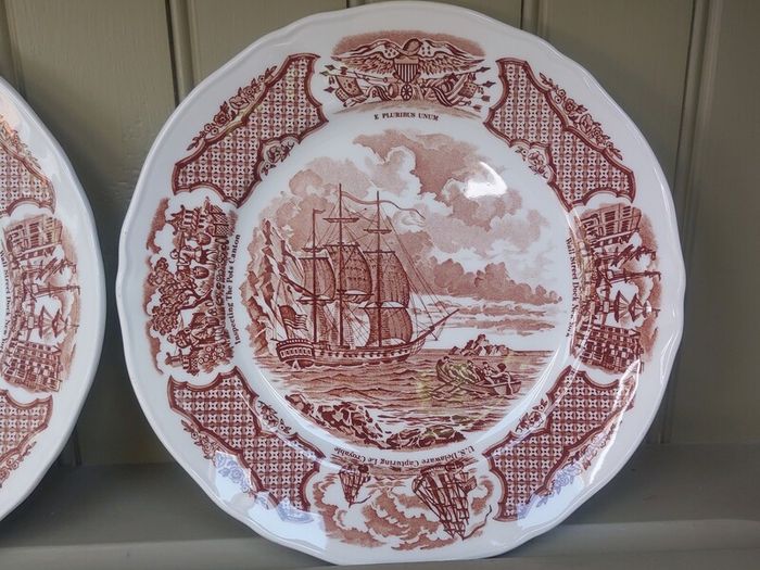 Vintage Set of Six Brown and White Fair Winds, Historical Scenes of Chinese Export to America - "The George Washington at Anchor" Salad Plates by Alfred Meakin