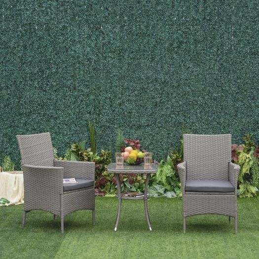 3PC Rattan Bistro Set 2 Armchair Glass Top Coffee Table Wicker Weave Furniture for Garden Outdoor Balcony Patio