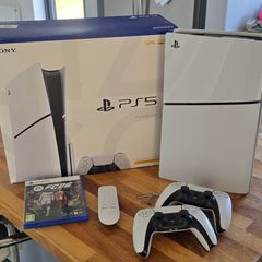 PlayStation 5 slim Disc edition, 2 controllers, FC 26, and media remote