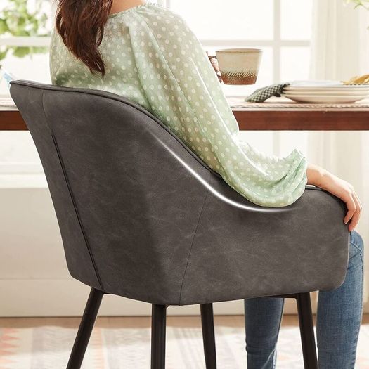 Set of 2 Grey Dining Chairs with Armrests Quilted PU Upholstered Kitchen & Dining Room Chairs