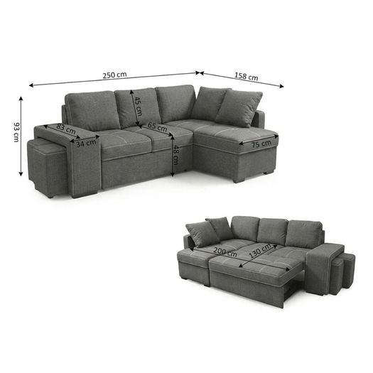 STACY Dark Grey Sofa Bed with Storage + 2 Poufs