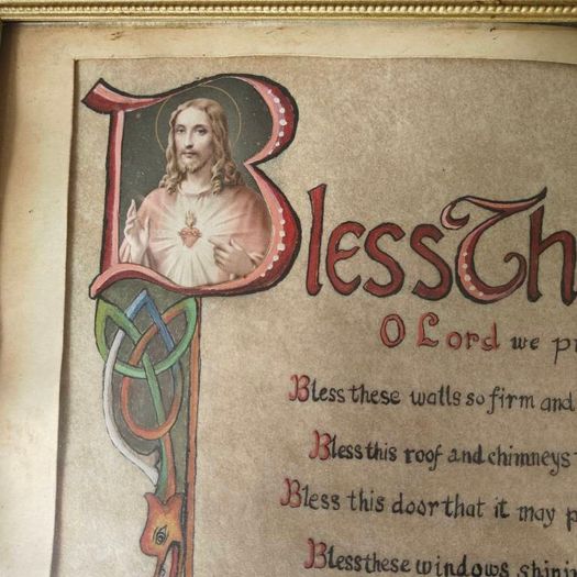 Vintage hand painted calligraphic "Bless This House" framed bespoke  picture, religious devotional item 1950s 1960s prop