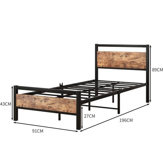 3ft Single Bed Frame with Wooden Headboard, Brown Heavy Duty Steel Support, No Box Spring Needed, Noise Free,Easy Assembly