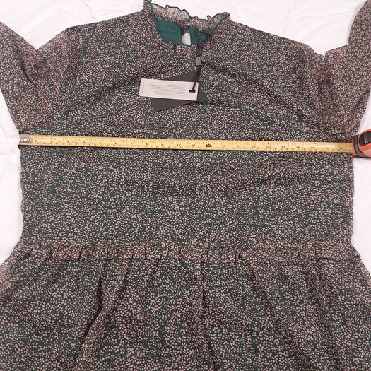 YAS Dark Green Pink Floral Tiered Frill Neck Midi Dress 14UK/42EU