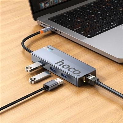 Hoco HB51 6-in-1 Multi-Function Converter HDTV RJ45 PD USB3.0x3 Space Gray