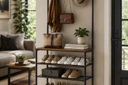 Coat rack with 5 shelves coat rack, clothes rack, wardrobe with 5 double hooks, shoe rack with 5 levels, one shelf above, for apartments, bedroom, hallway, industrial design, vintage brown-black