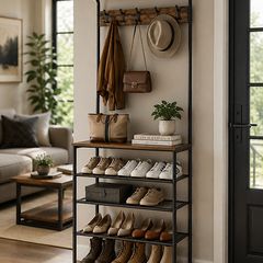 Coat rack with 5 shelves coat rack, clothes rack, wardrobe with 5 double hooks, shoe rack with 5 levels, one shelf above, for apartments, bedroom, hallway, industrial design, vintage brown-black