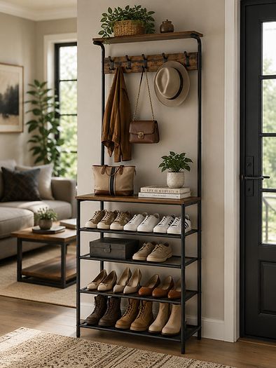 Coat rack with 5 shelves coat rack, clothes rack, wardrobe with 5 double hooks, shoe rack with 5 levels, one shelf above, for apartments, bedroom, hallway, industrial design, vintage brown-black